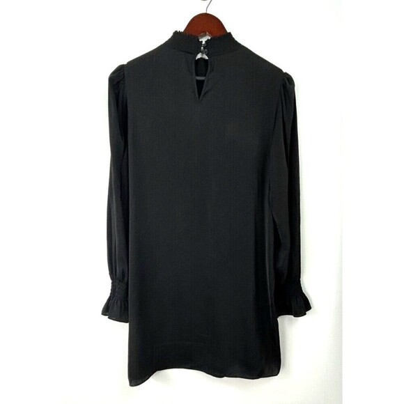 Elan Womens Size M Black Mini Dress Mock Neck Sheer Unlined Ruffle Smocked U4 - Picture 9 of 12